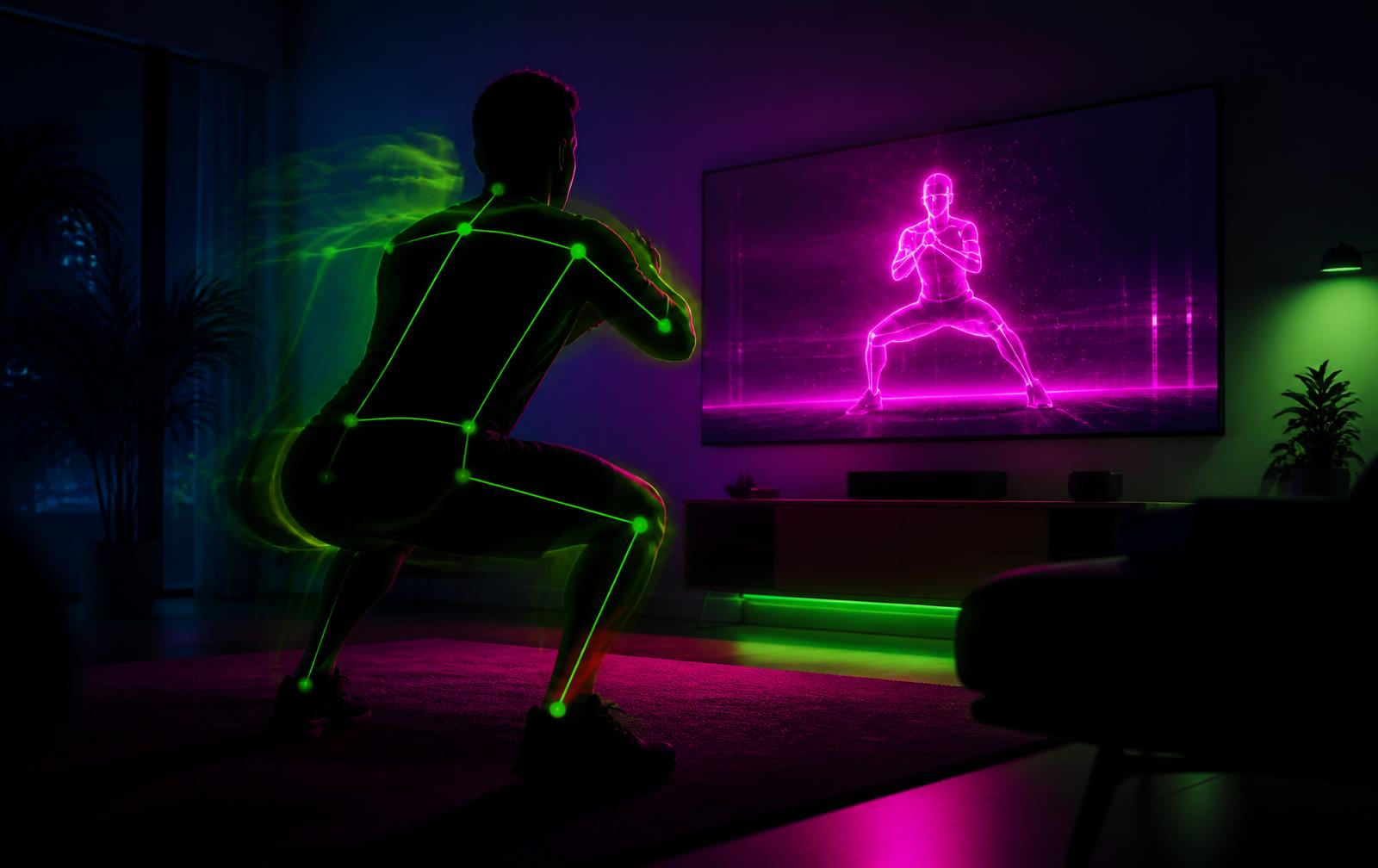 Person doing a squat in front of a screen with body-tracking lines projected on them